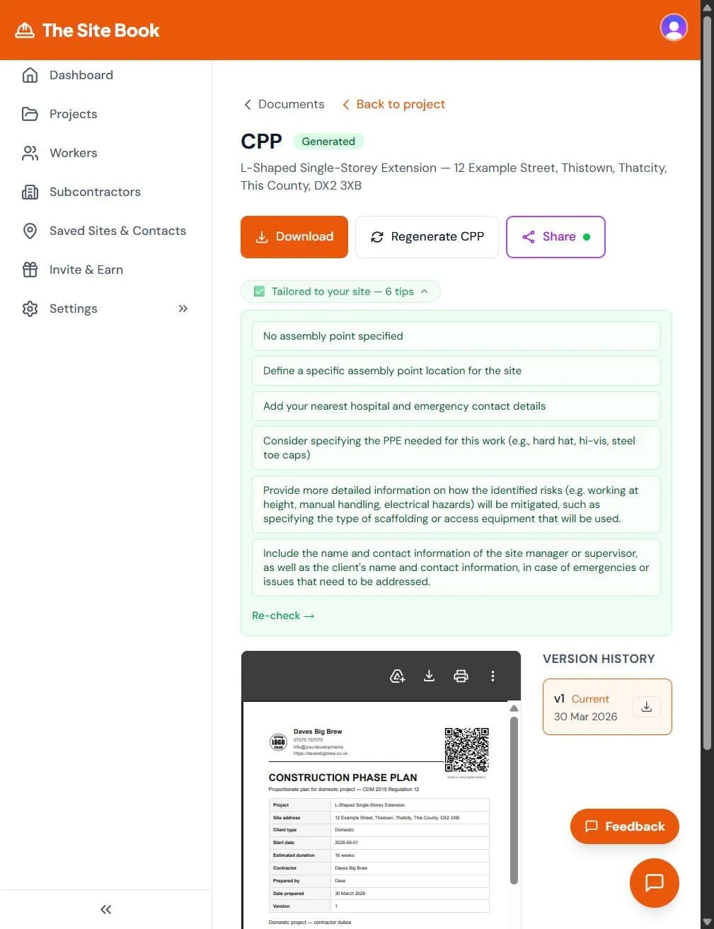 AI quality suggestions in The Site Book recommending improvements to a Construction Phase Plan