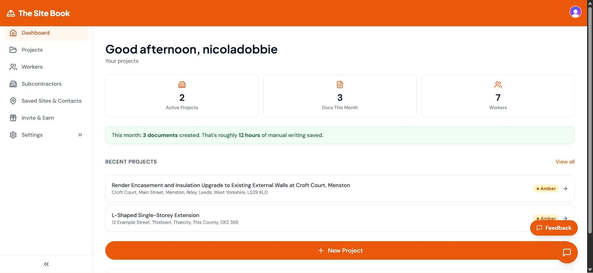 The Site Book dashboard showing active projects, documents created this month, and worker count