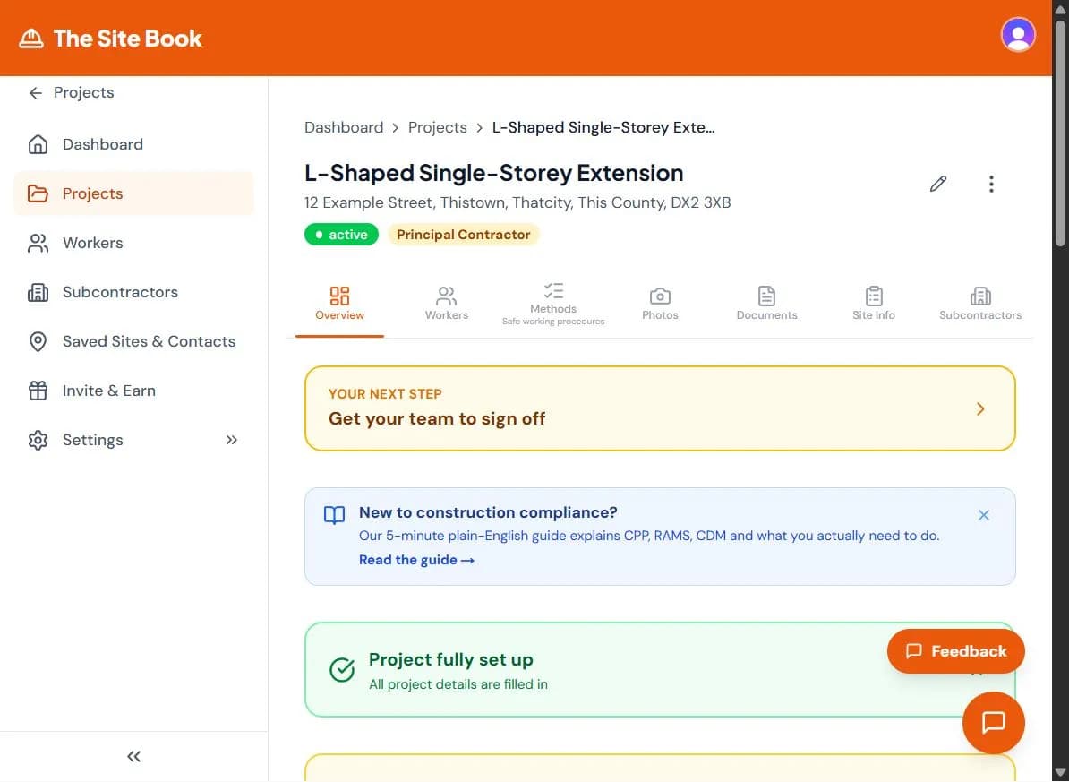Project overview in The Site Book showing project status, setup progress, and navigation tabs