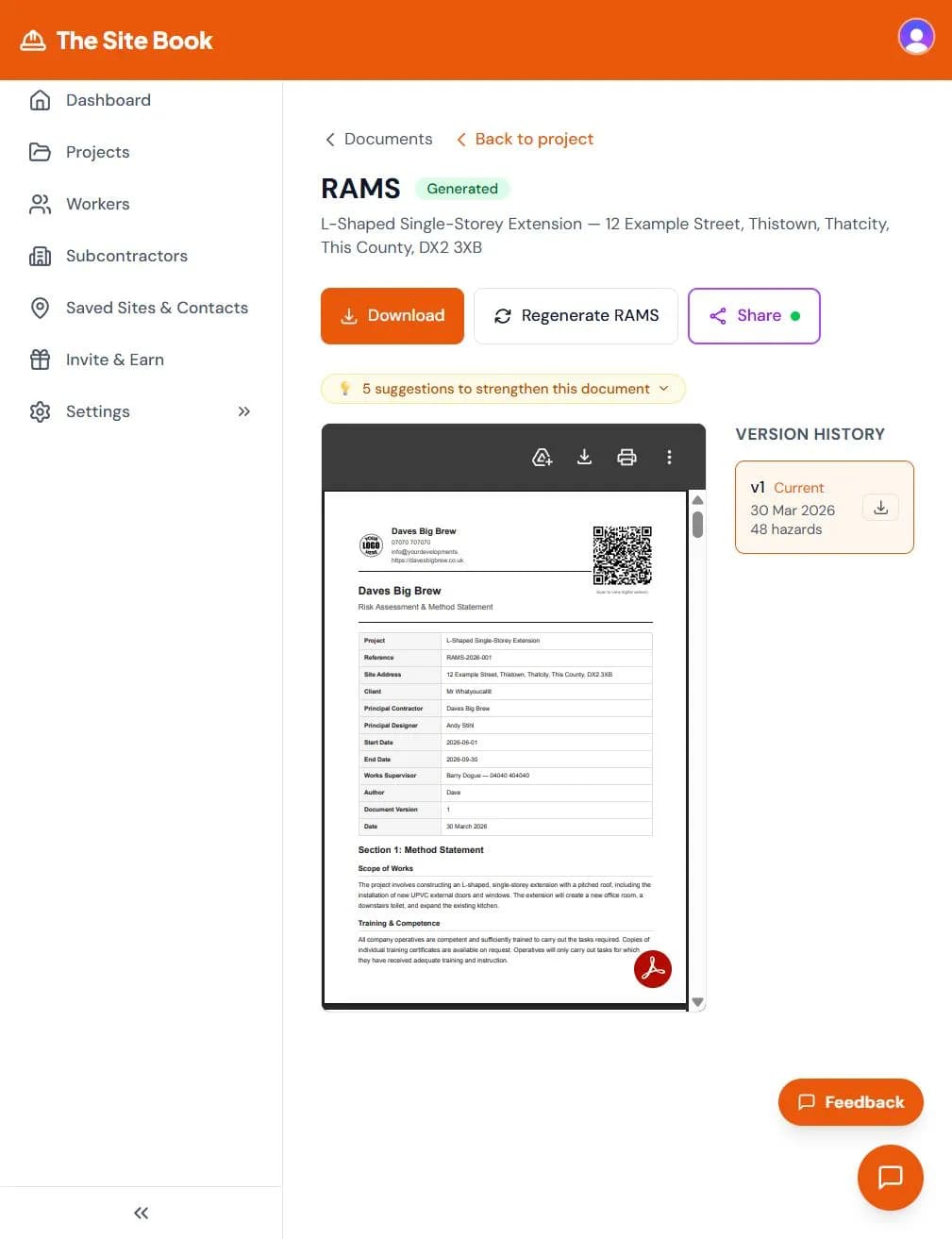 Generated RAMS document in The Site Book showing cover page with project details and 48 assessed hazards