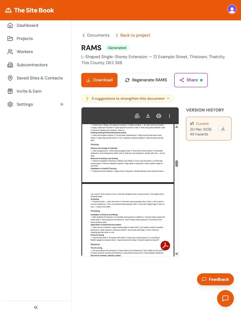 RAMS method statements showing step-by-step safe working procedures for flooring, plumbing, and electrical work