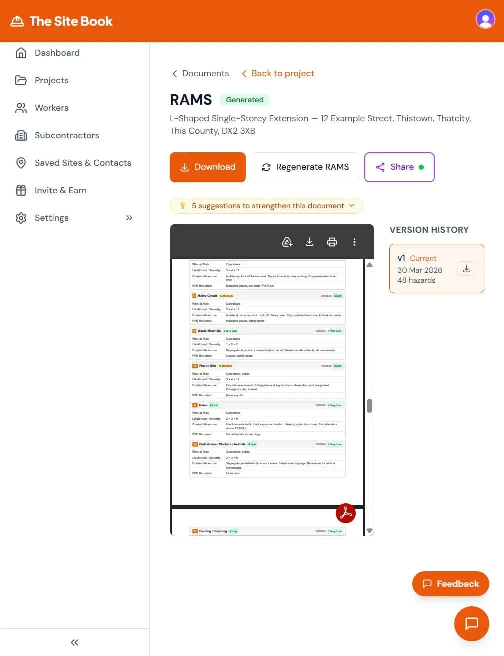 Risk assessment table from The Site Book showing hazards with colour-coded risk ratings, control measures, and residual risk scores