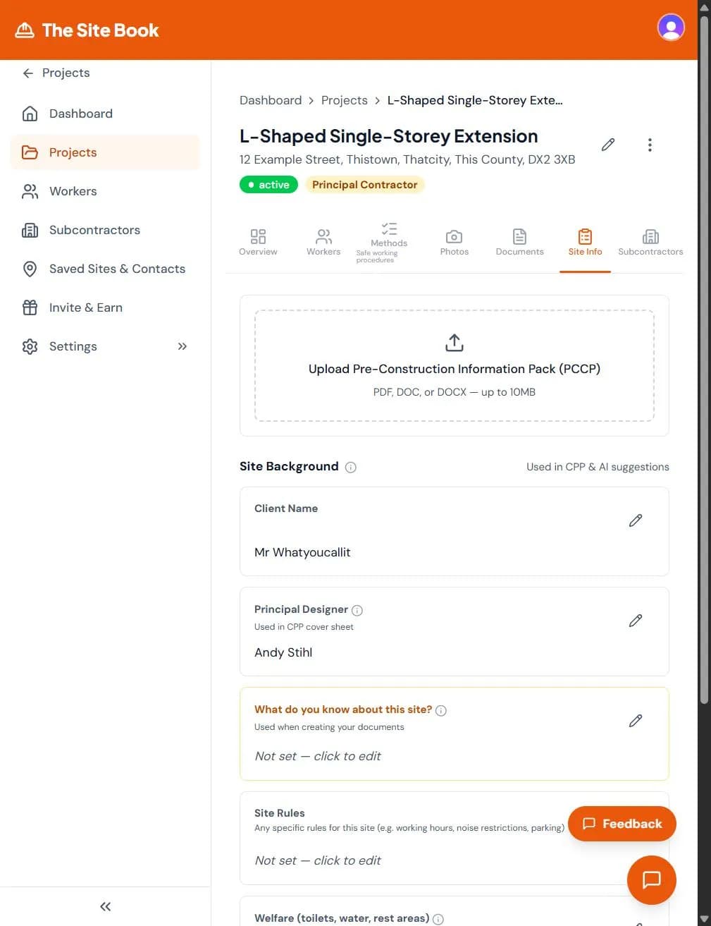 Site information form in The Site Book showing client details and project background fields used to generate the CPP
