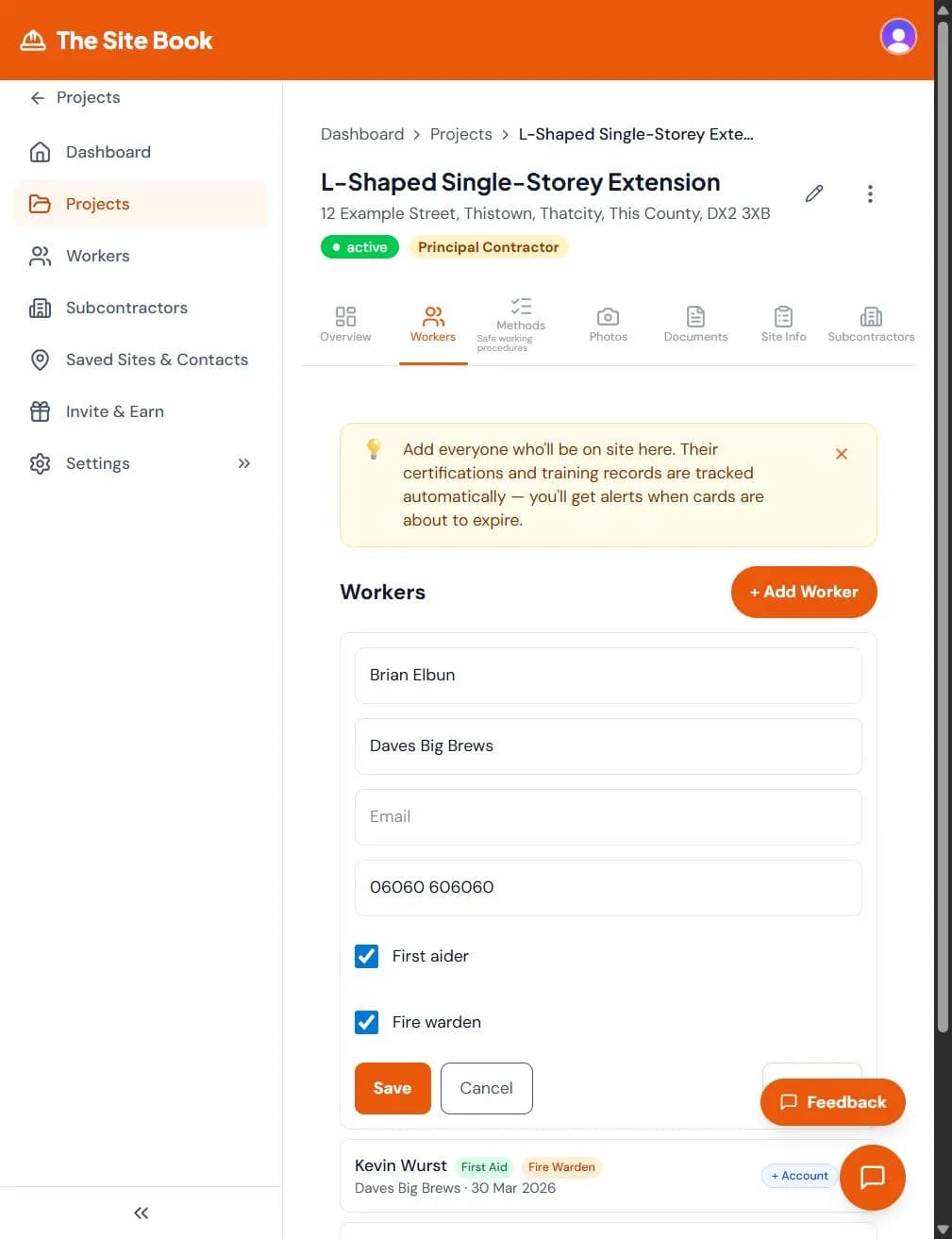 Worker detail form in The Site Book showing contact details and First Aider and Fire Warden role assignments
