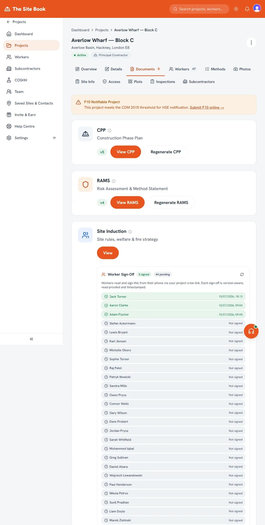 The Site Book document and site file view for project paperwork The Site Book document and site file view for project paperwork