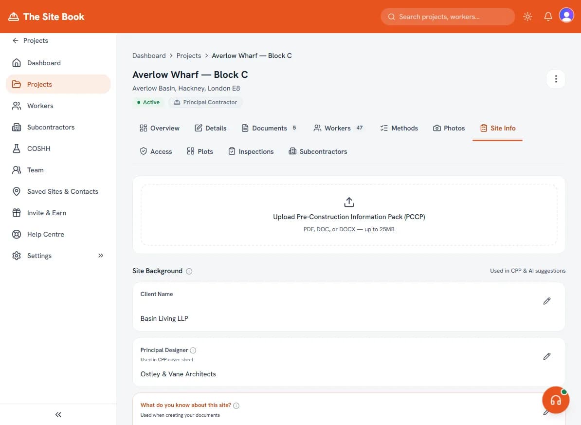 Project overview in The Site Book showing project status, setup progress, and navigation tabs Project overview in The Site Book showing project status, setup progress, and navigation tabs