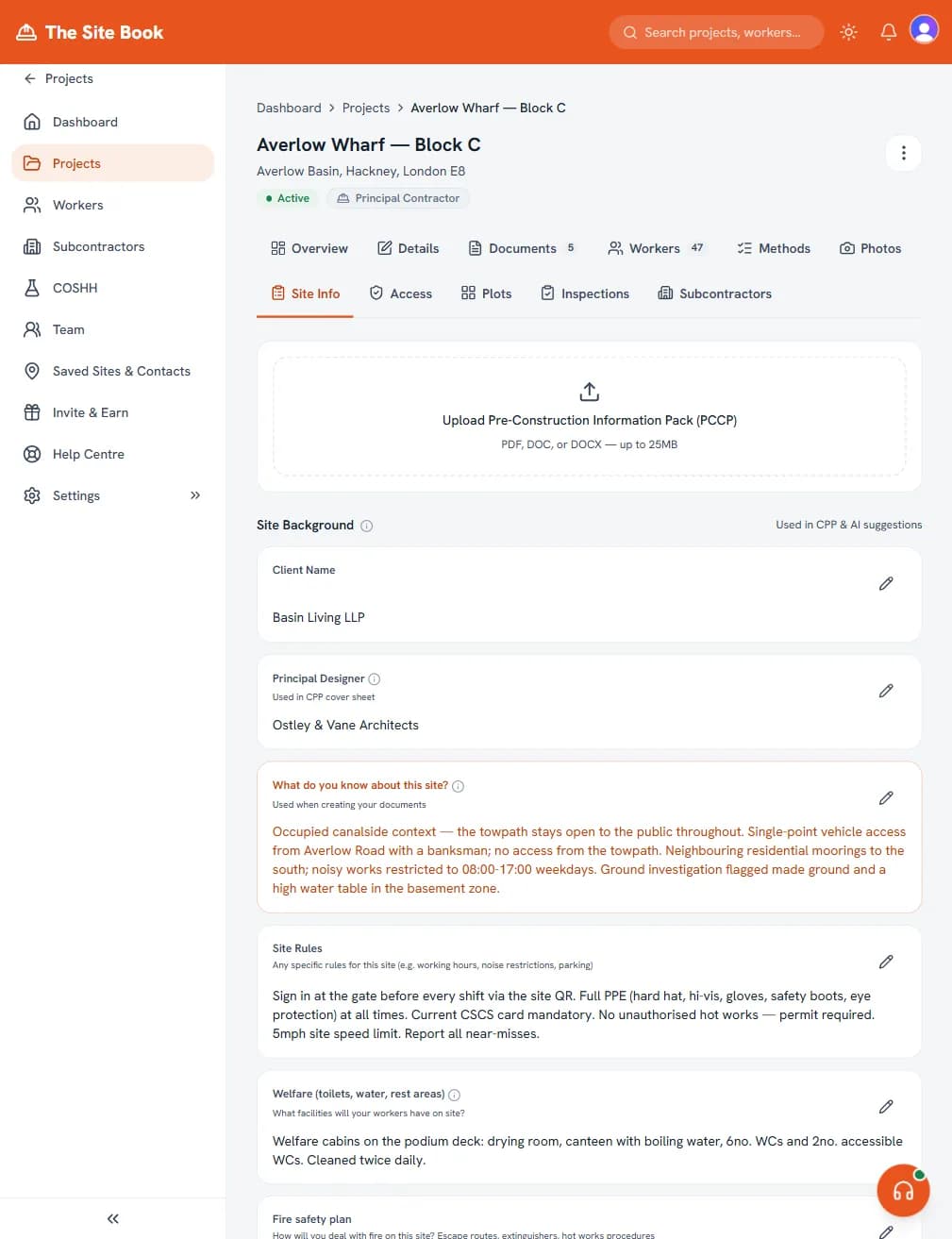Site information form in The Site Book showing client details and project background fields used to generate the CPP Site information form in The Site Book showing client details and project background fields used to generate the CPP
